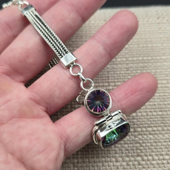 7.5-8 Inch Sterling Silver Triple Mystic Quartz Gemstone Chain Bracelet B872 - Picture 5 of 9